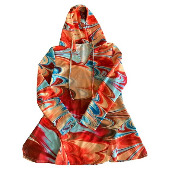 Loveu.Dear L/S Hooded Tunic Top Orange Blue Swirl Size Large Women's - Picture 2 of 5